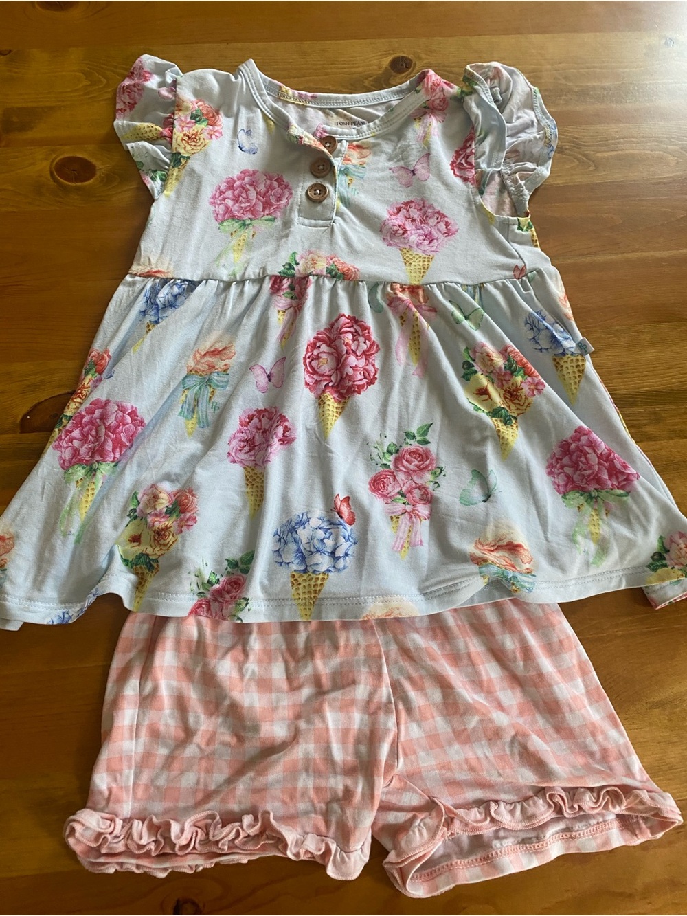 Posh Peanut White Floral Ice Cream Cone Pajama Set with Pink Gingham Shorts
